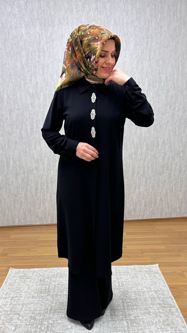 taş detaylı siyah tunik - Görsel 3